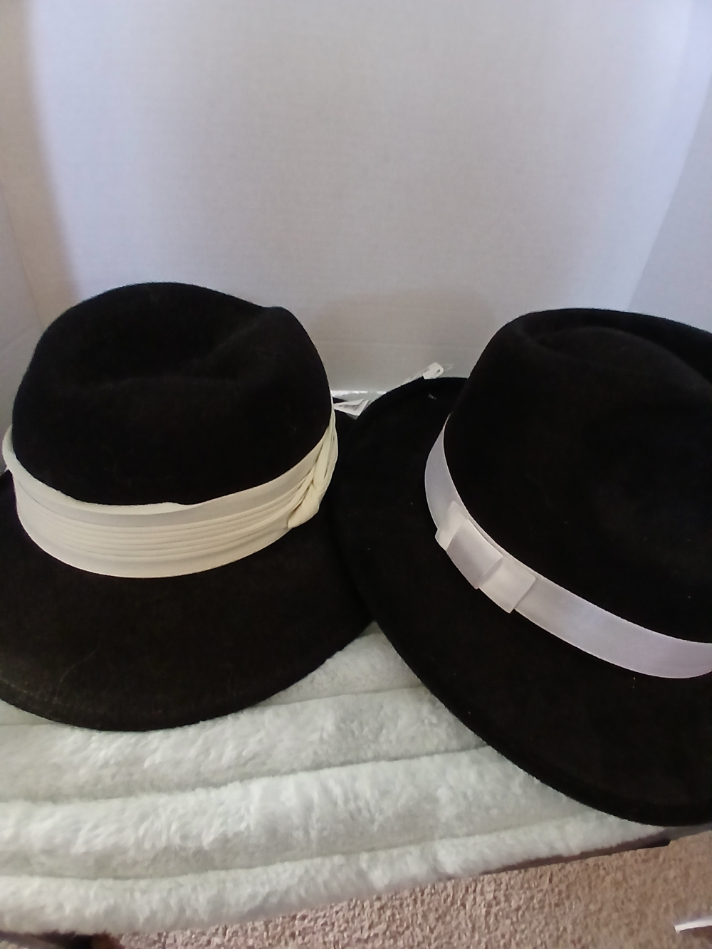 Black Felt Fedora Hats with White Satin Bands - Pair